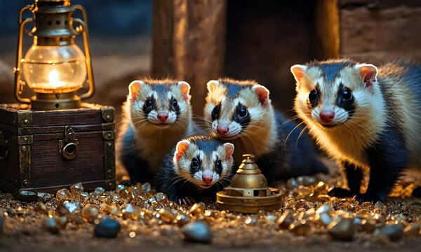 A group of playful ferrets gathered around a lantern and treasure in a cozy setting.