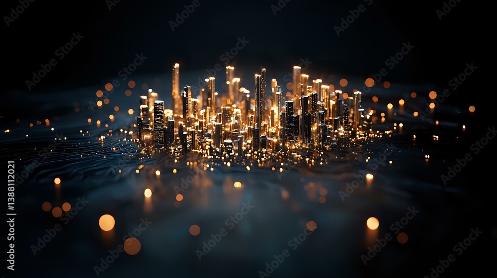 Poster glowing miniature cityscape at night with illuminated skyscrapers and floating bokeh lights creating