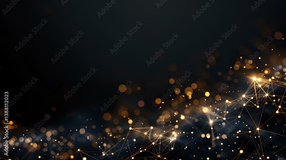 Poster glowing network connections with golden and blue bokeh lights on dark background create futuristic t