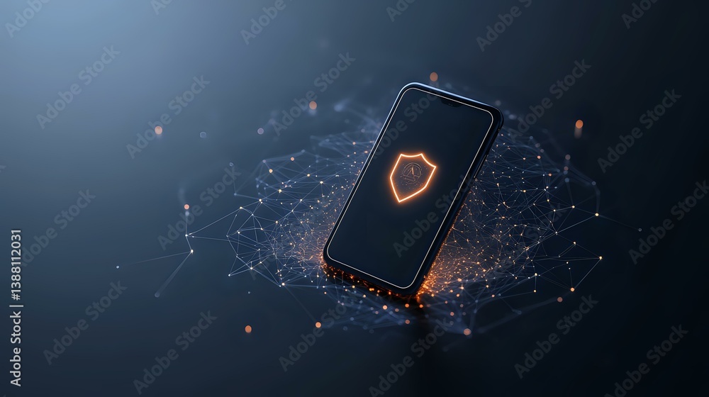 Poster smartphone displaying glowing shield icon surrounded by digital network connections and particles on