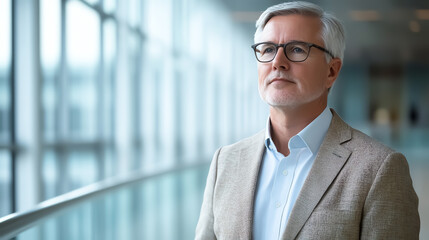 Senior executive standing near a large glass window, modern corporate atmosphere, subtle light reflections, deep in thought