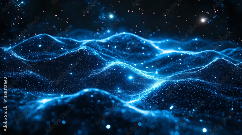 Poster glowing blue wave particles flow through dark space creating dynamic network connections and abstrac