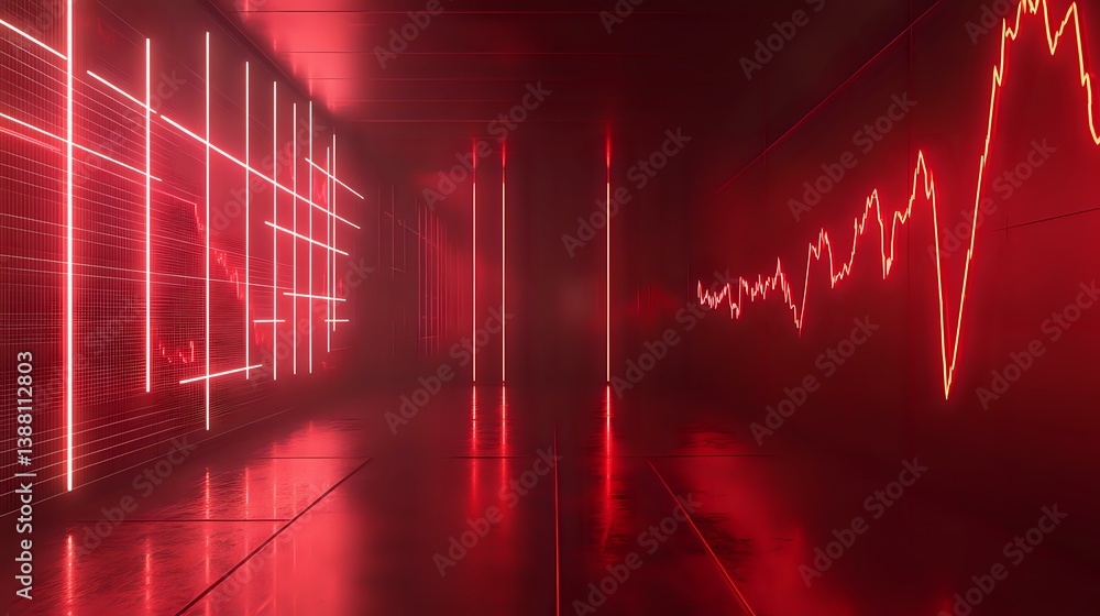 Poster dramatic red financial chart visualization with glowing lines and market data reflected on glossy fl
