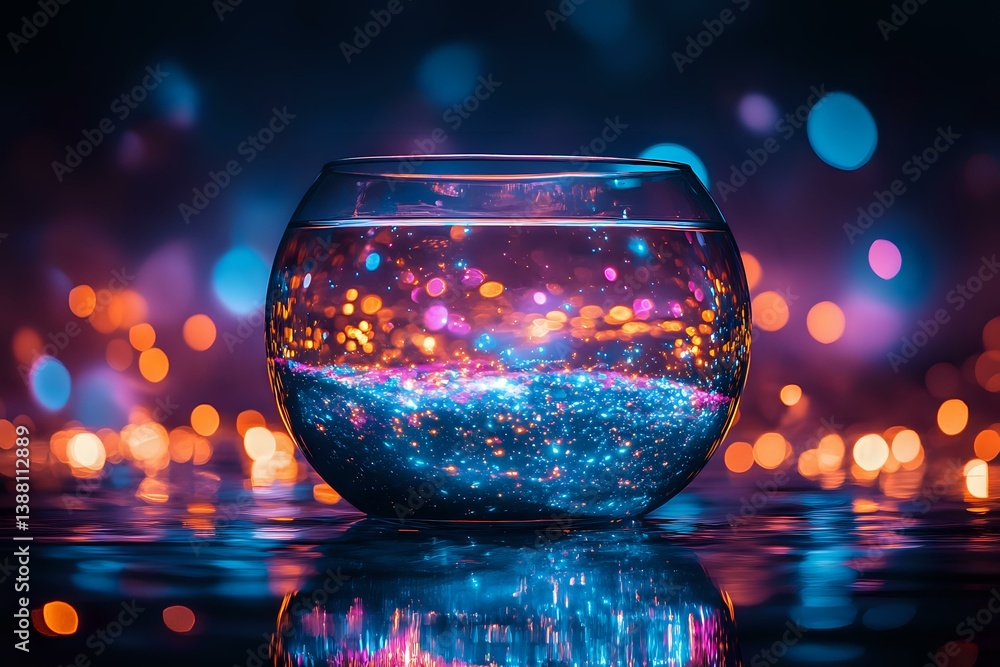 Poster round glass bowl with glowing blue liquid and floating sparkles against dark background with colorfu