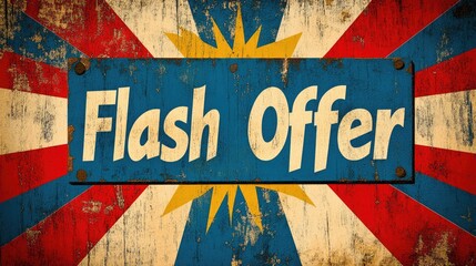 "Flash Offer" text on a retro blue sign with a starburst background in red, white, and blue. Use for promotional, sales, or vintage themed websites and blogs.