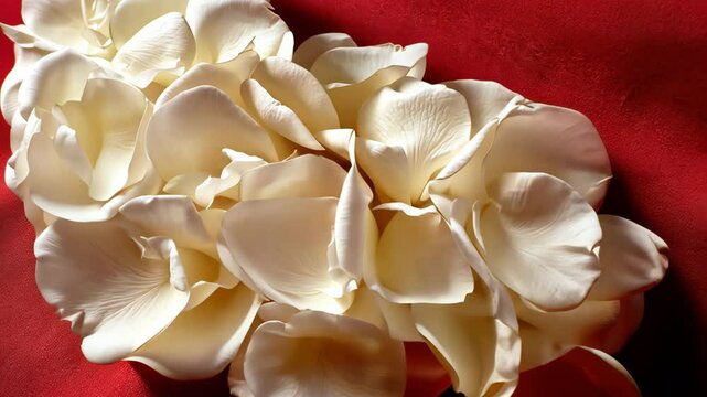 Elegant white rose petals gently spread on luxurious red fabric