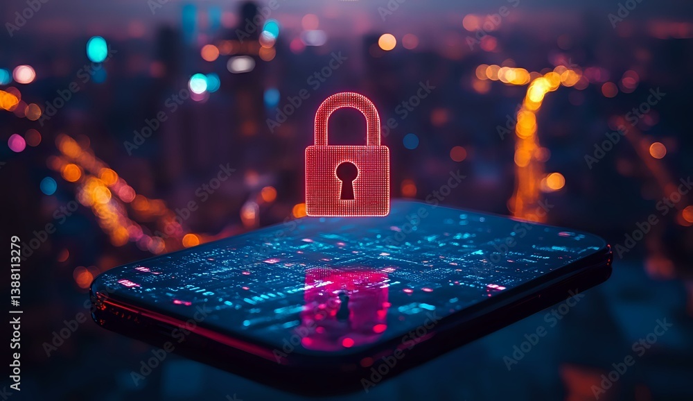 Poster glowing red padlock hologram above smartphone with digital security interface, dramatic urban bokeh 