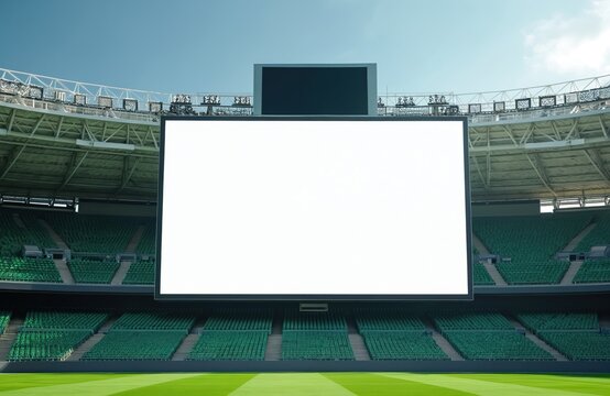 Empty big white mockup screen in stadium for ads, announcement or presentation. Green seats, grass field. Venue arena outdoor, business concept. Advertising billboard digital signage.