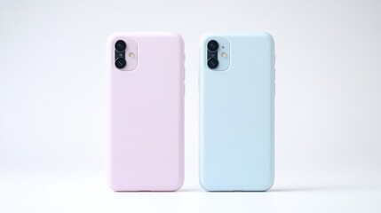 Two pastel-colored phone cases, one pink and one light blue, featuring a dual-camera setup