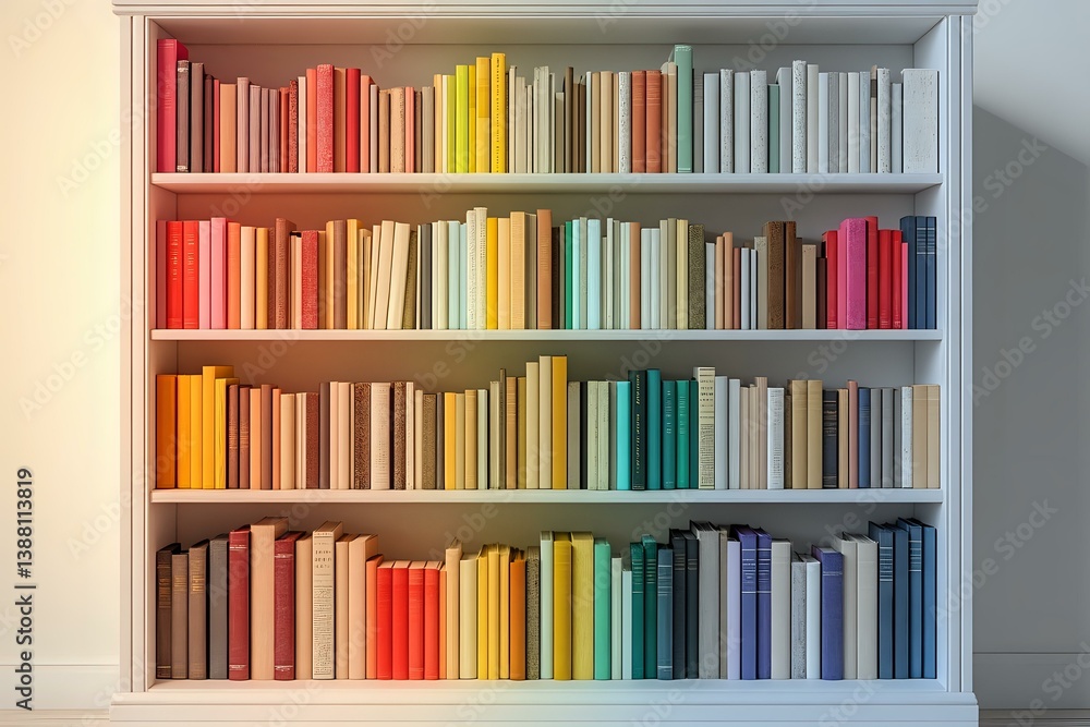 Poster books arranged by color spectrum on white bookshelf creating rainbow pattern, modern minimalist libr