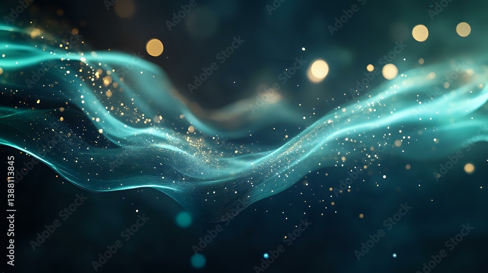 Aufkleber ethereal turquoise waves flow through dark space with glowing golden bokeh lights and sparkling part