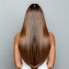 Fototapeta premium Back view of long straight brown hair on woman wearing white top against gray background. Professional hair care and beauty salon concept.