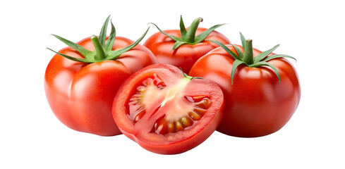 Fototapeta premium Three Ripe Red Tomatoes and a Sliced Tomato Piece Isolated on White Background