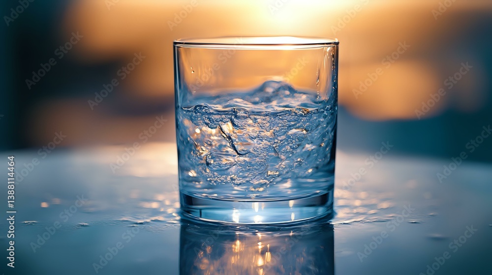 Poster clear glass with swirling blue liquid creating dynamic motion splash effect against warm bokeh backg