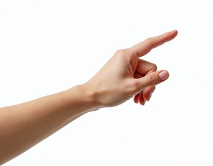 Hand pointing index finger to the side. Isolated on white background. Female hand gesture. Click, tap, touch. Human hand points direction. Caucasian woman hand gestures, body language.