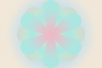 Psychedelic geometric flower. Nostalgia, vintage, retro 70s, 80s style. Digital grainy, noise gradient texture. Wallpaper, template, print poster. Pink, blue, turquoise, beige pastel colors