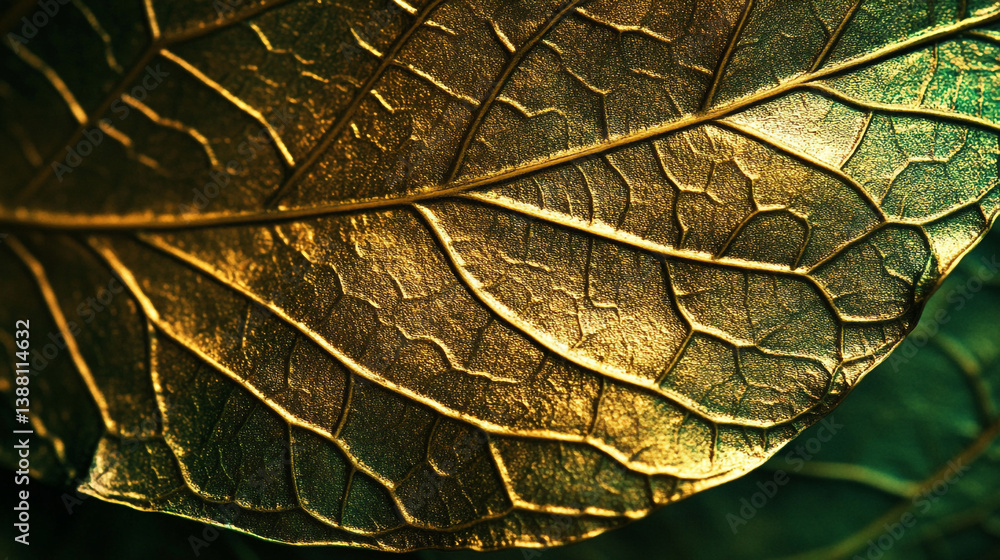 Poster a macro shot of a golden leaf showing intricate vein patterns and textures with a green background