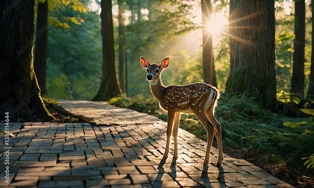 Poster a fawn stands on a path in a sunlit forest, surrounded by trees and soft light.