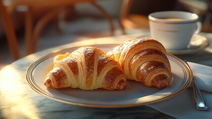 Two golden croissants and coffee on a sunlit table, perfect for food blogs, bakery websites, or travel guides focusing on breakfast and cafes.

