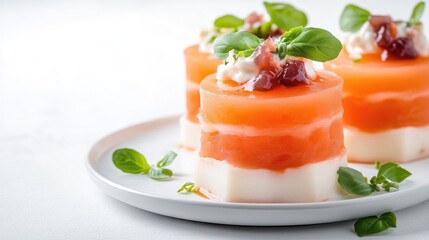 Freshly prepared gourmet appetizers with layers of salmon and cream cheese, garnished with basil leaves on a white plate, and elegant presentation.