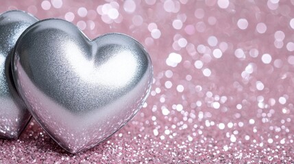 Obraz premium Two metallic silver hearts on a pink glitter background. A romantic, lovey image
