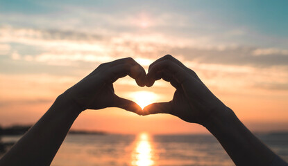 Heart-Shaped Hands Framing Sunset - Symbol of Love and Nature's Beauty