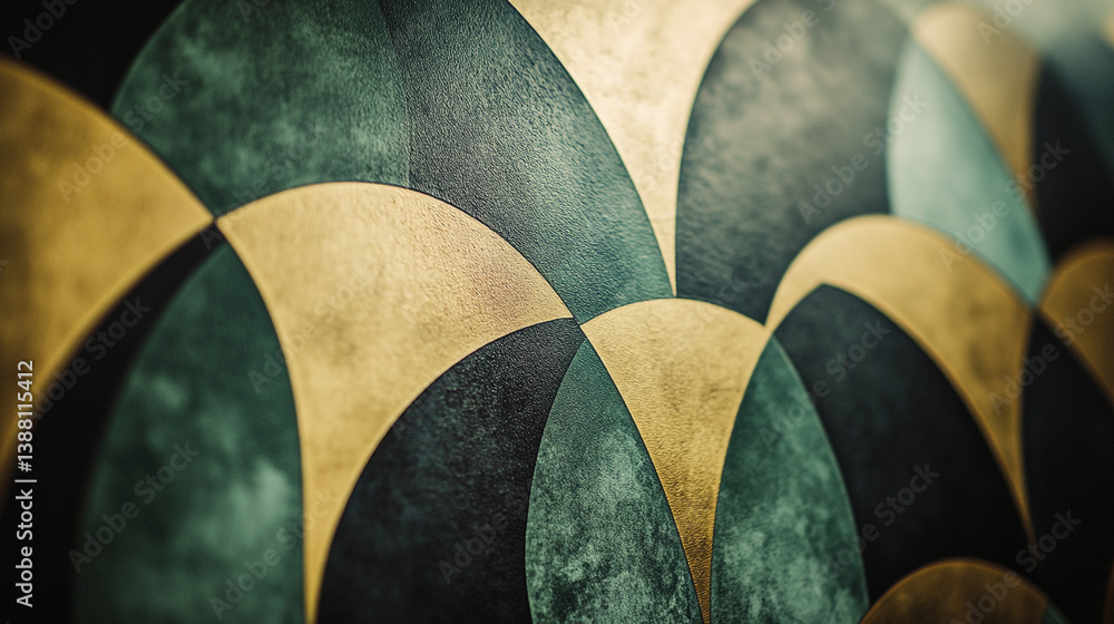 Poster abstract pattern with overlapping green and gold semi circles forming a textured design