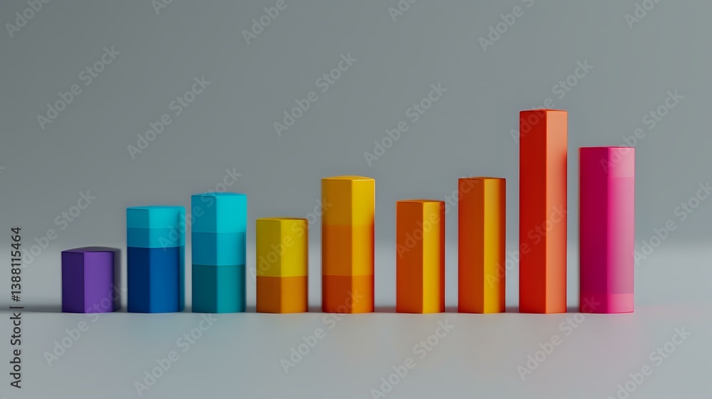 Poster colorful ascending bar graph elements arranged in sequence showing growth trend on neutral backgroun