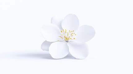 Obraz premium A single, pristine white flower with a yellow center is depicted. Its the sole focus against a plain white background. The image is clean and sharply focused. Its style is minimalist and elegant. Th