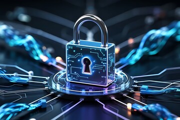 Secure digital future glowing padlock on tech network vibrant blue hues dark background