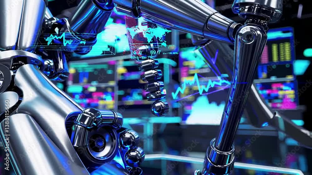 Poster futuristic trading environment with advanced robotics and data analysis
