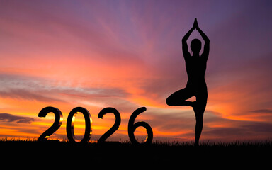 Happy new year - Yoga Tree Pose Silhouette at Sunset - Mindfulness and Balance for 2026