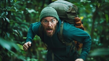 Obraz premium Man in Green Hoodie and Hat in Dense Wilderness