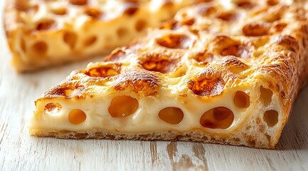 Close-up macro shot of melted cheese pizza slice with bubbling mozzarella texture and crispy crust on rustic wooden table, showing detailed cheese holes pattern.