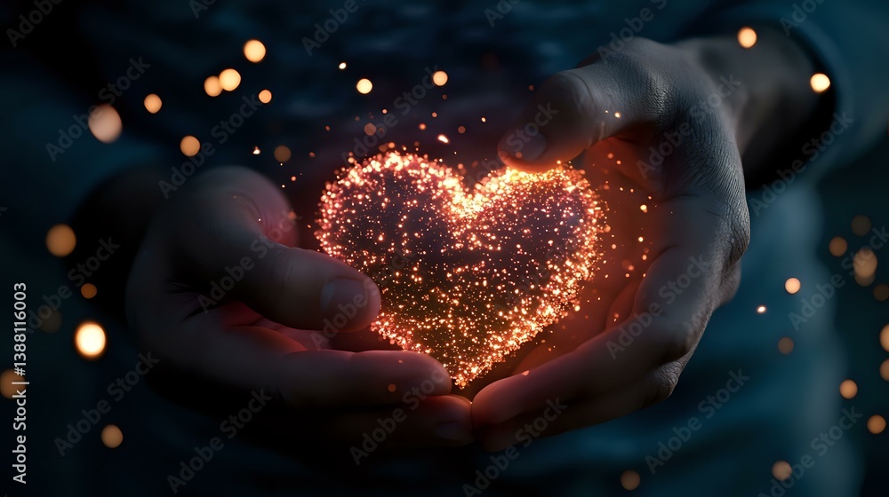 Poster magical glowing heart shape formed by sparkles and light particles floating between cupped hands aga