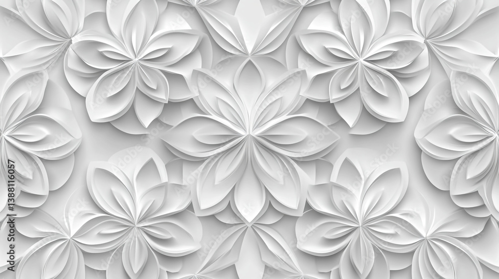 Poster a repeating pattern of white floral designs with layered petals creating a textured background effec