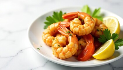 Tempura shrimp and vegetables on white, garnished with lemon, delicate, plate, colorful