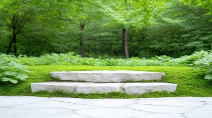 Fototapeta premium Empty stone steps podium on a green mossy lawn with lush forest trees in the background.