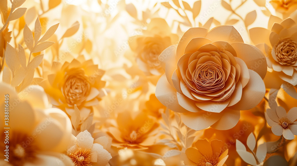 Poster a close up view of many paper flowers with a soft yellow and orange color palette in a bright settin
