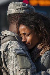 Fototapeta premium Heart-wrenching farewell between a young soldier and his loved ones, captured in golden daylight — ideal for editorial pieces on war, loss, family bonds, or human resilience