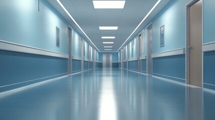 Clean Hospital Corridor With Blue Walls and Bright Lighting During the Day