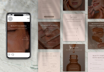 Set of 15 Minimalist Instagram Post Templates for Skincare and Beauty Content, Ideal for Social Media Engagement.