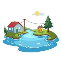 Cartoon landscape with houses and trees by the river  