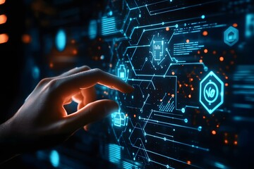 Hand interaction with futuristic digital icons.