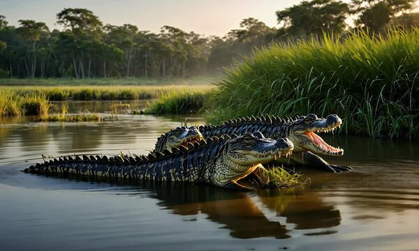 Three crocodiles partially submerged in a river surrounded by lush greenery at sunset.