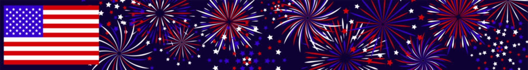 Independence Day USA full banner with fireworks and american flag
