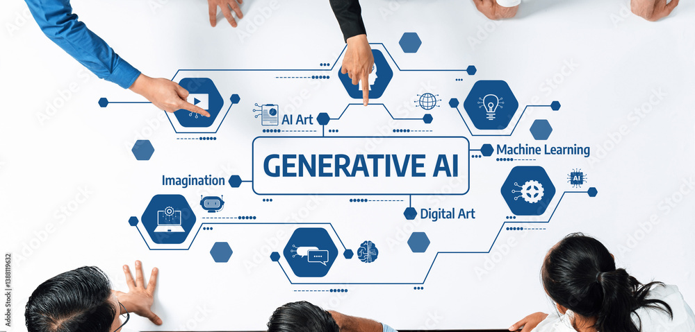 Poster engaging scene showcasing professionals collaborating on generative ai concepts, blending digital ar
