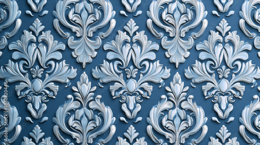 Poster ornate silver floral damask pattern on a blue background with embossed texture and repeating element