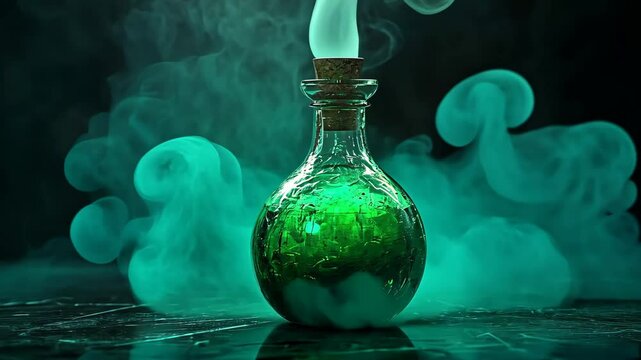 Mystical green potion emits enchanting smoke in dramatic sequence
