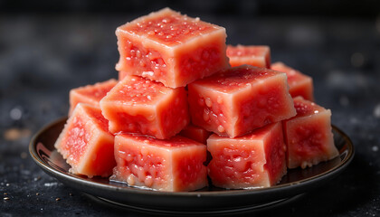 Fresh watermelon jelly cubes on dark plate, delicious summer treat